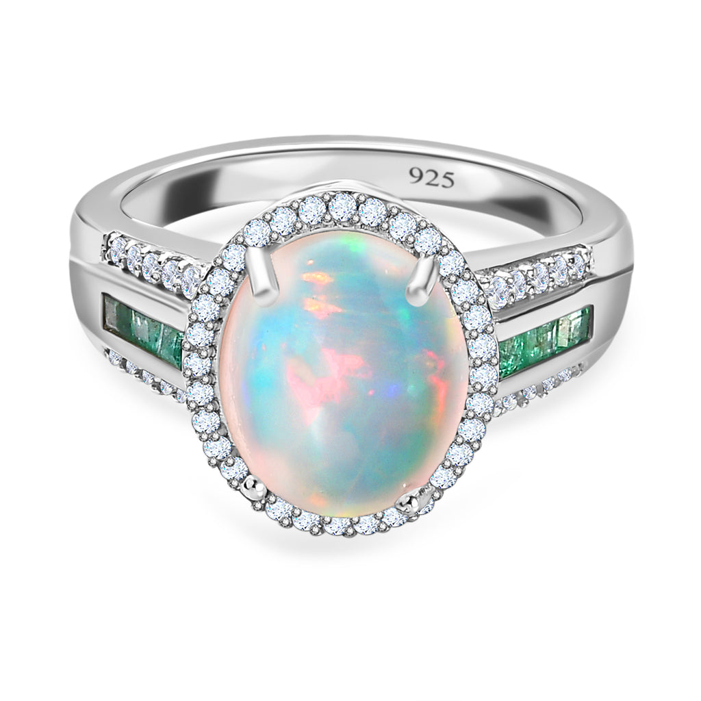 Ethiopian Welo Opal, Zambian Emerald and Natural Zircon Ring in Platinum Overlay Sterling Silver 3.18 Ct._7668806