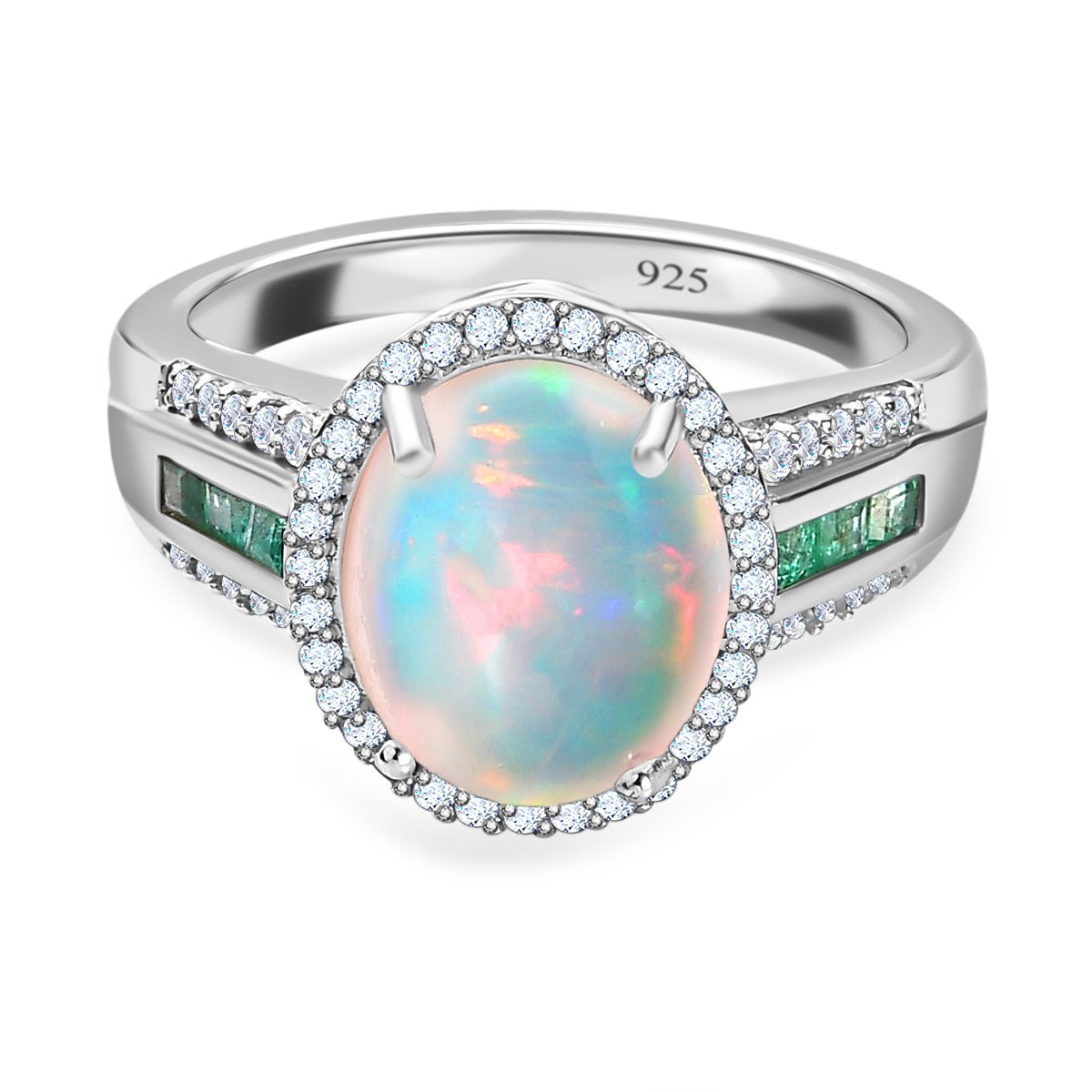 Ethiopian Welo Opal, Zambian Emerald and Natural Zircon Ring in Platinum Overlay Sterling Silver 3.18 Ct. V32539533 0