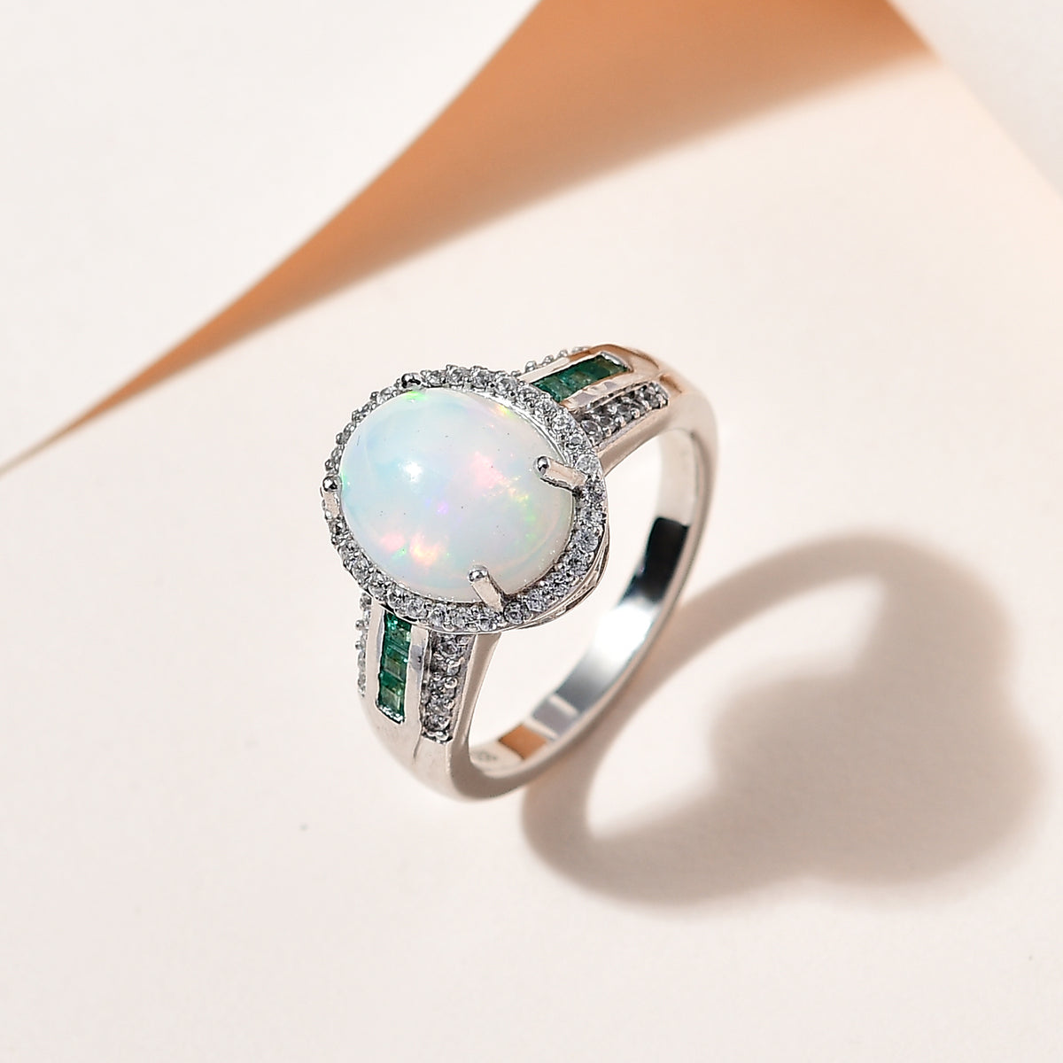 Ethiopian Welo Opal, Zambian Emerald and Natural Zircon Ring in Platinum Overlay Sterling Silver 3.18 Ct. V32539533 1