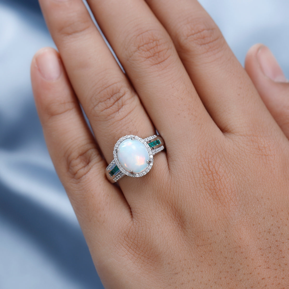 Ethiopian Welo Opal, Zambian Emerald and Natural Zircon Ring in Platinum Overlay Sterling Silver 3.18 Ct. V32539533 2
