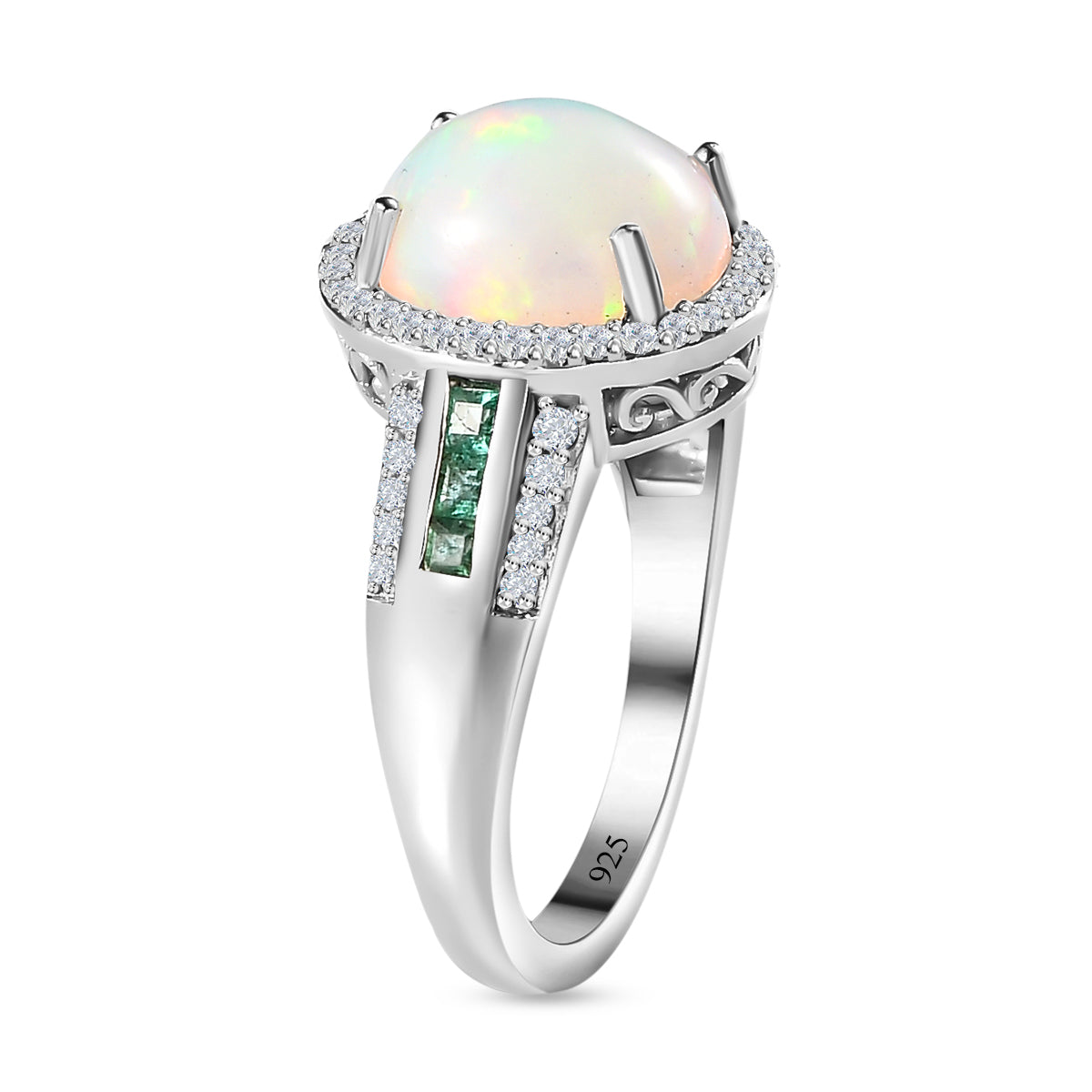 Ethiopian Welo Opal, Zambian Emerald and Natural Zircon Ring in Platinum Overlay Sterling Silver 3.18 Ct. V32539533 3