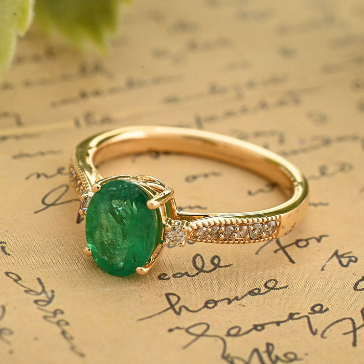 14K Yellow Gold AAA Zambian Emerald, White Diamond I2 Ring 1.30 Ct. 7672694 2