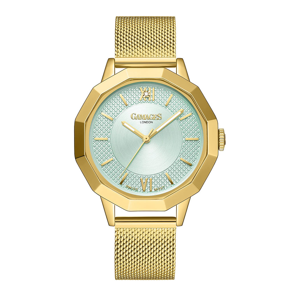 Gamages of London Lotus Diamond Swiss Quartz Movement Seychelles Blue Dial Water Resistant Ladies Watch with Mesh Bracelet in Gold Tone_7673581