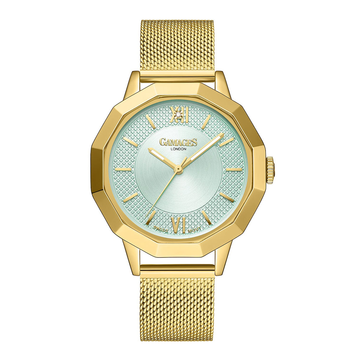 Gamages of London Lotus Diamond Swiss Quartz Movement Seychelles Blue Dial Water Resistant Ladies Watch with Mesh Bracelet in Gold Tone 7673581 0