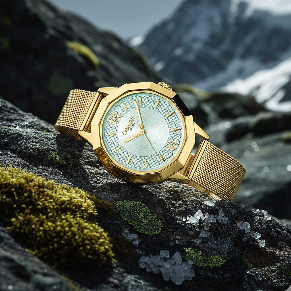 Gamages of London Lotus Diamond Swiss Quartz Movement Seychelles Blue Dial Water Resistant Ladies Watch with Mesh Bracelet in Gold Tone_7673581_1