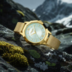 Gamages of London Lotus Diamond Swiss Quartz Movement Seychelles Blue Dial Water Resistant Ladies Watch with Mesh Bracelet in Gold Tone_7673581_1