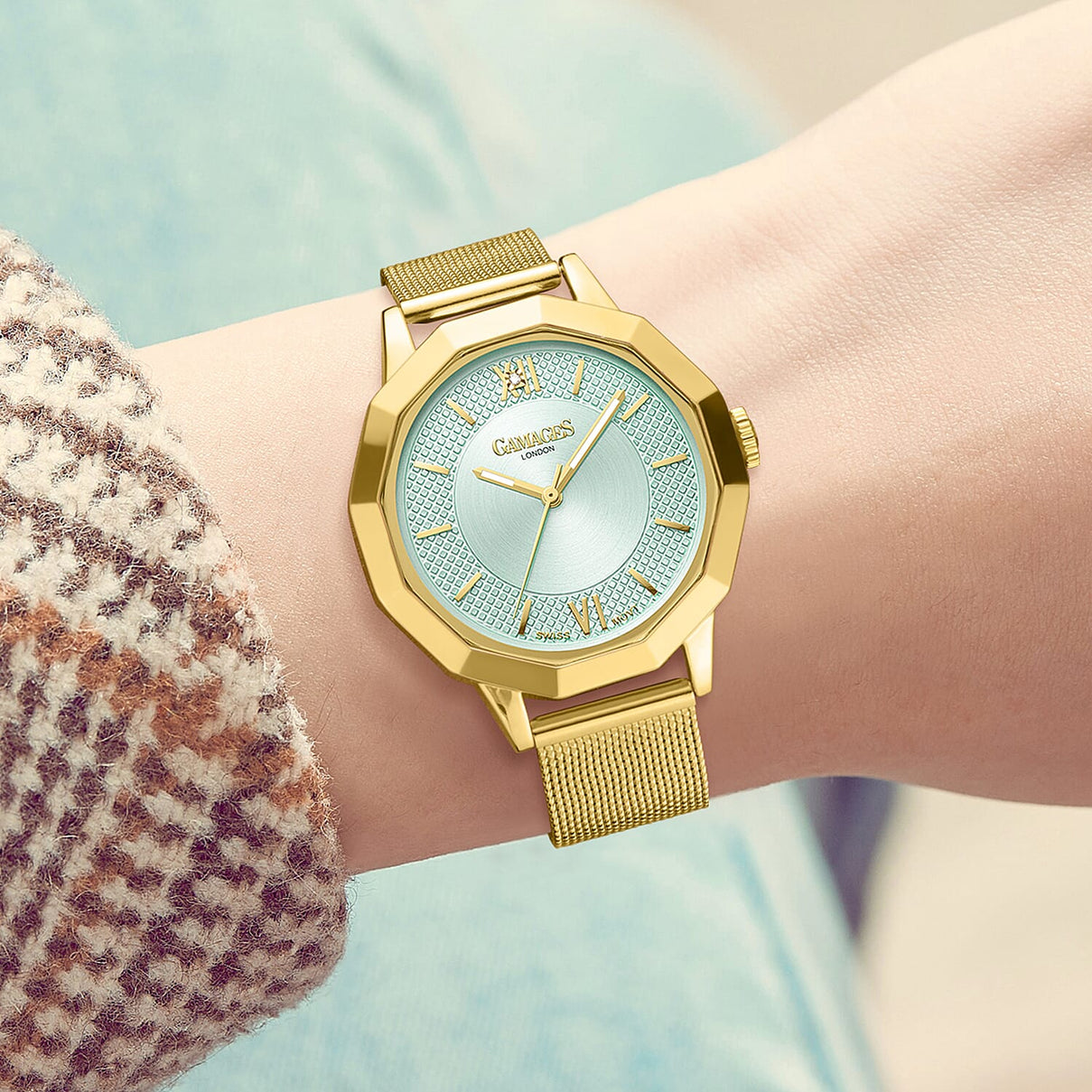 Gamages of London Lotus Diamond Swiss Quartz Movement Seychelles Blue Dial Water Resistant Ladies Watch with Mesh Bracelet in Gold Tone 7673581 2