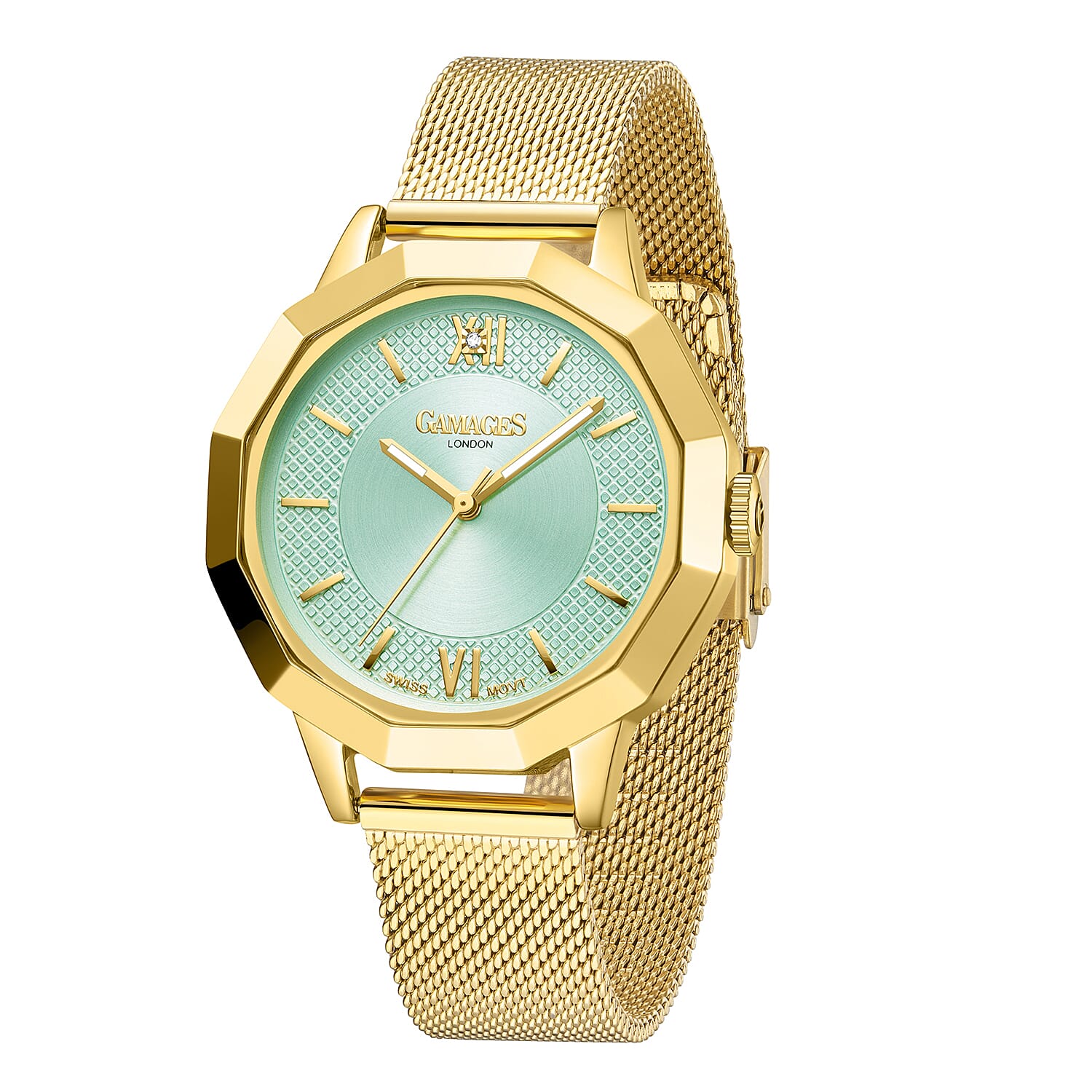 Gamages of London Lotus Diamond Swiss Quartz Movement Seychelles Blue Dial Water Resistant Ladies Watch with Mesh Bracelet in Gold Tone 7673581 3