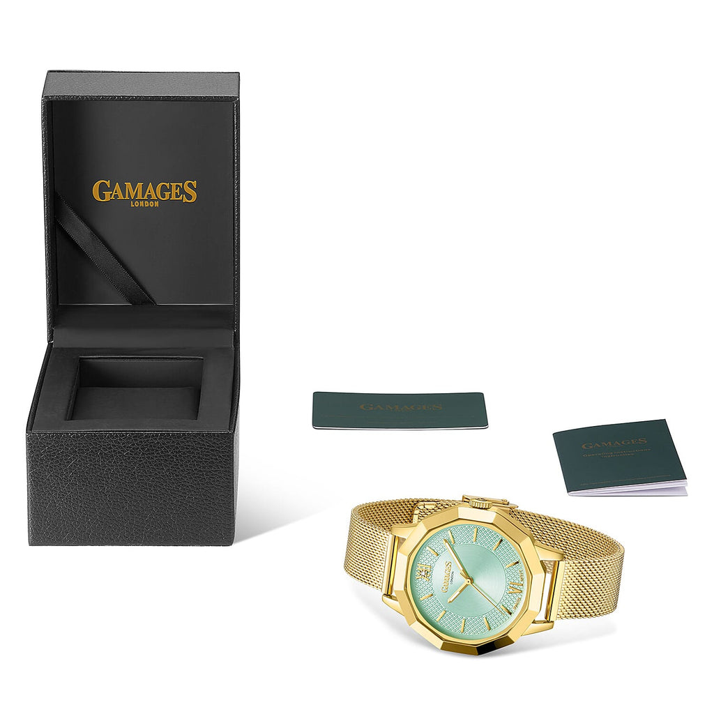 Gamages of London Lotus Diamond Swiss Quartz Movement Seychelles Blue Dial Water Resistant Ladies Watch with Mesh Bracelet in Gold Tone_7673581_5