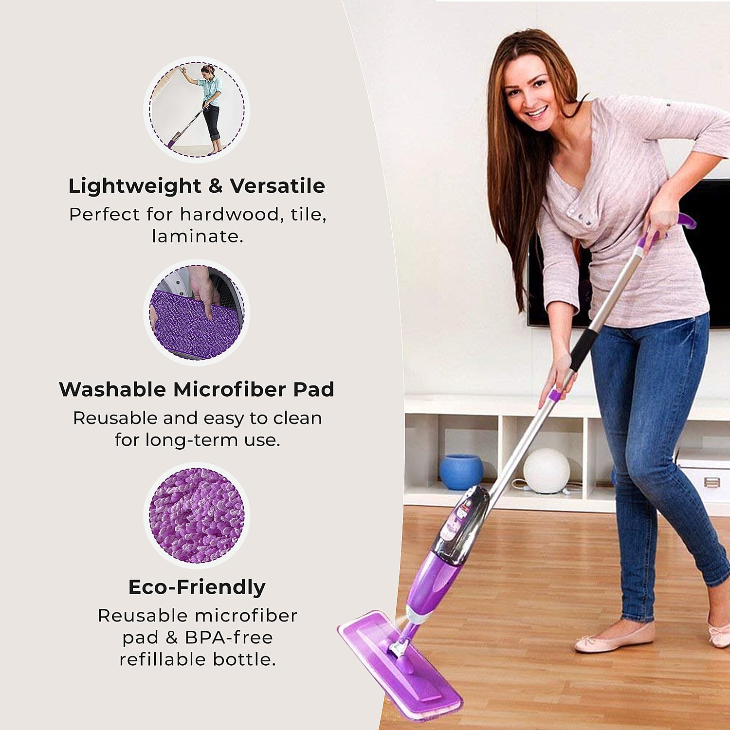 Vorfreude Floor Mop with Integrated Spray and Reusable Microfiber Pad (700ml) - Purple 7673583 3