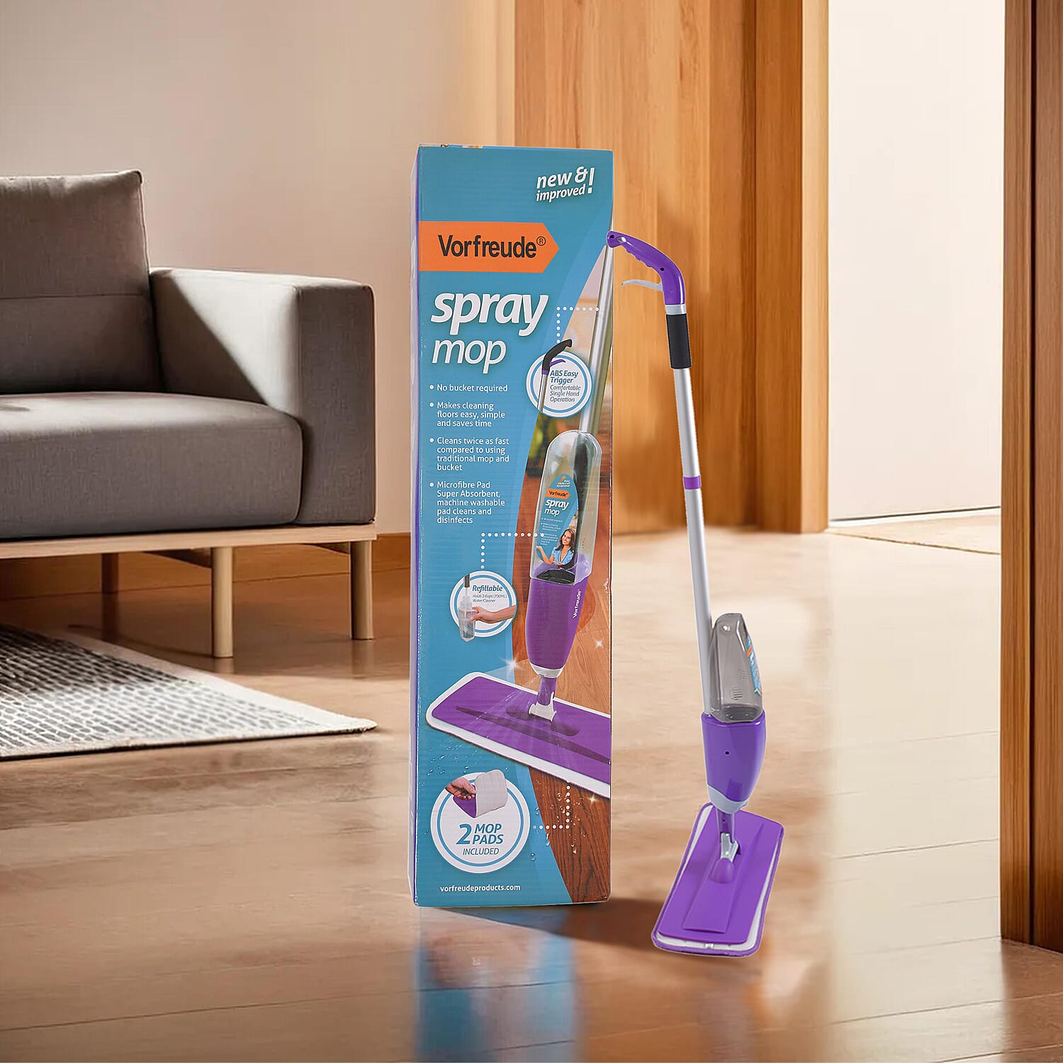 Vorfreude Floor Mop with Integrated Spray and Reusable Microfiber Pad (700ml) - Purple 7673583 7