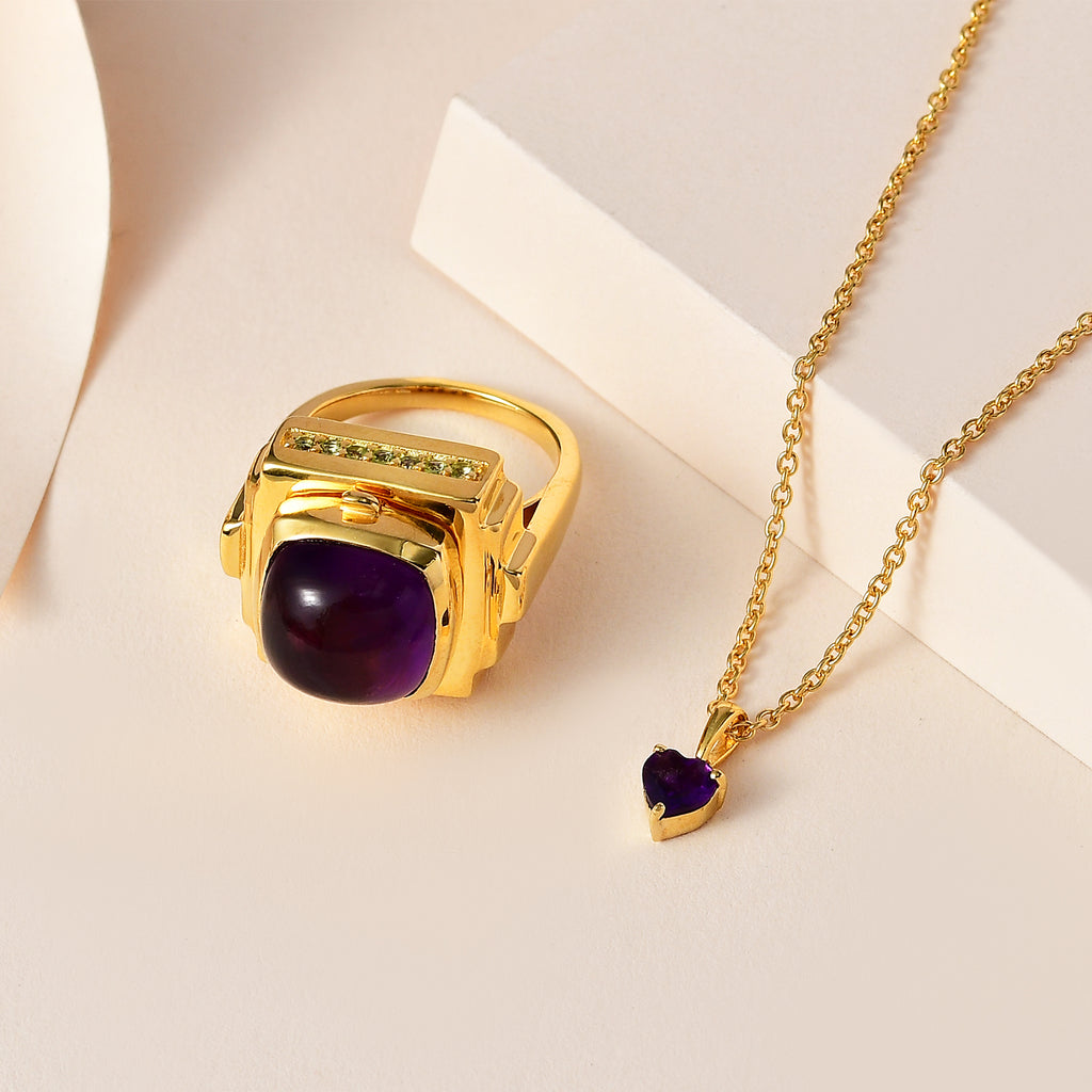 GP Art Deco Collection - Amethyst & Hebei Peridot Enclosed Pendant inside Openable Ring in 18K Vermeil Yellow Gold Plated Sterling Silver 9.26 Ct, Silver Wt. 15.50 Gms_7674441_1