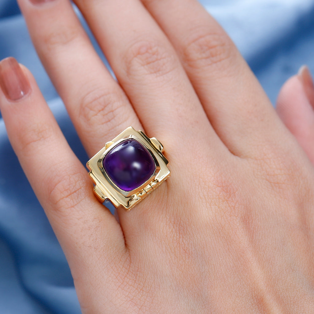 GP Art Deco Collection - Amethyst & Hebei Peridot Enclosed Pendant inside Openable Ring in 18K Vermeil Yellow Gold Plated Sterling Silver 9.26 Ct, Silver Wt. 15.50 Gms_7674441_2