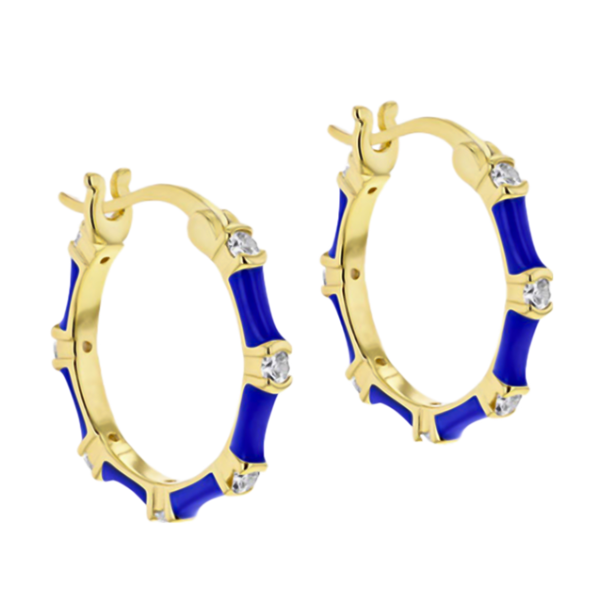 Yellow Gold Overlay Sterling Silver Blue Enamelled With CZ Creole Earrings 7676338 0