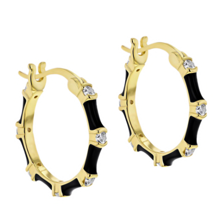 Yellow Gold Overlay Sterling Silver Black Enamelled With CZ Creo Earrings 7676340 1