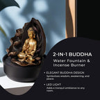 2-In-1 Buddha Water Fountain LED Light With Incense Burner (30pcs Incense) - Gold & Grey