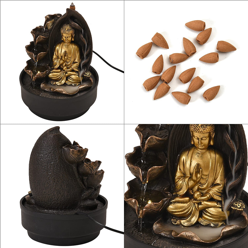2-In-1 Buddha Water Fountain LED Light With Incense Burner (30pcs Incense) - Gold & Grey