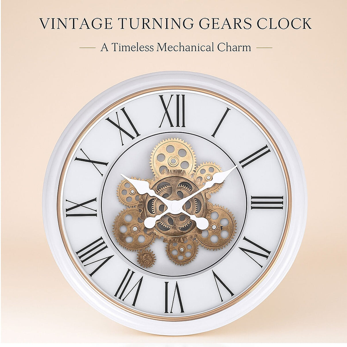 Large Vintage Turning Gears Wall Clock with Large Roman Numerals, Distinctive Retro Design (Size 45 cm) - White Curve 7686336 2