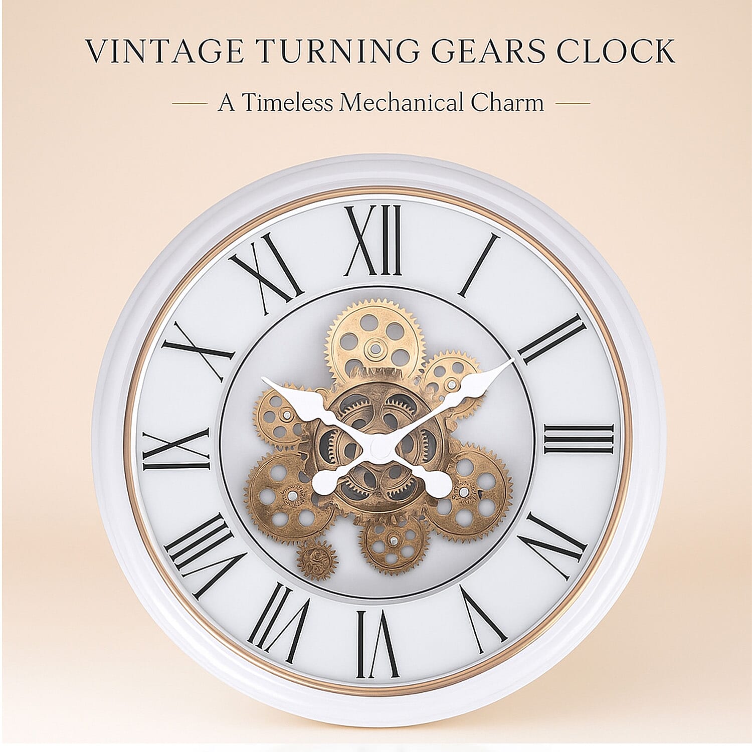 Large Vintage Turning Gears Wall Clock with Large Roman Numerals, Distinctive Retro Design (Size 45 cm) - White Curve 7686336 2