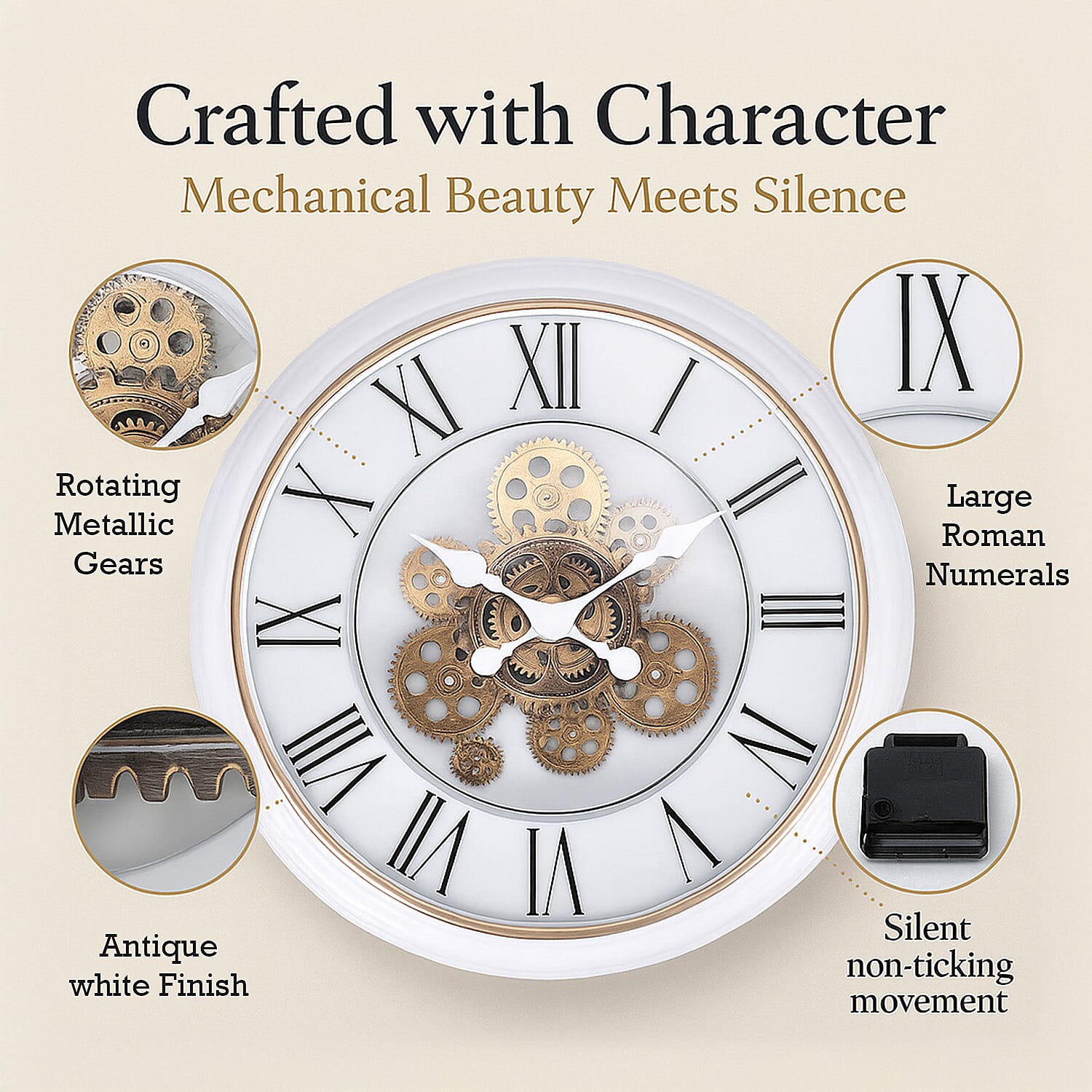Large Vintage Turning Gears Wall Clock with Large Roman Numerals, Distinctive Retro Design (Size 45 cm) - White Curve 7686336 3