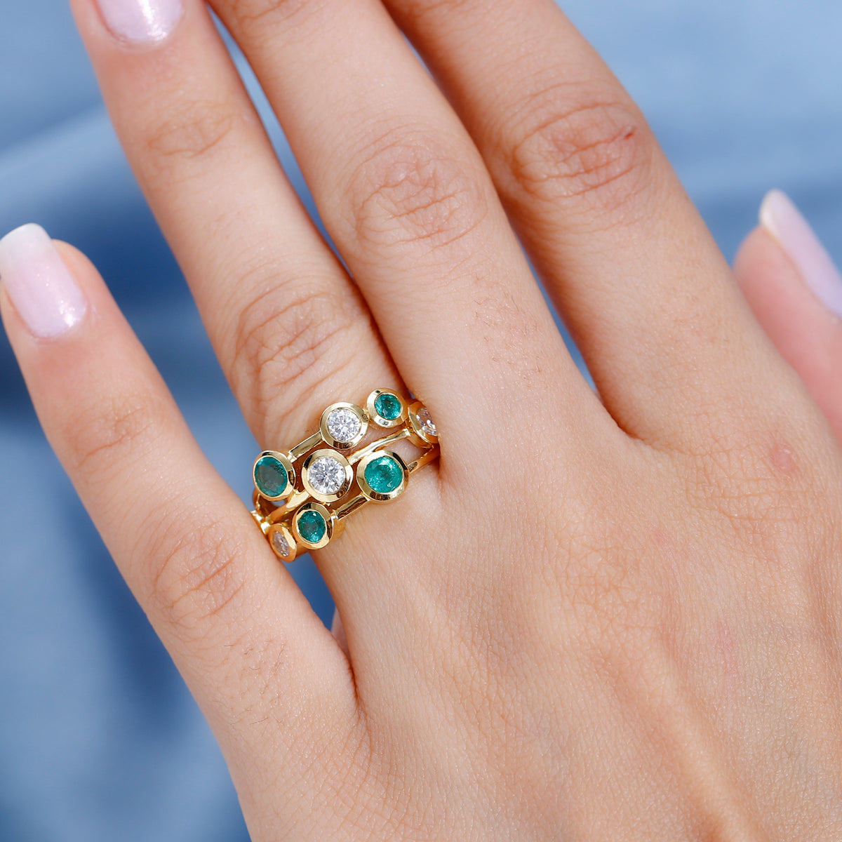 Gemfields Zambian Emerald and Moissanite Bubble Ring in 18K Vermeil Yellow Gold Plated Sterling Silver V32523696 3