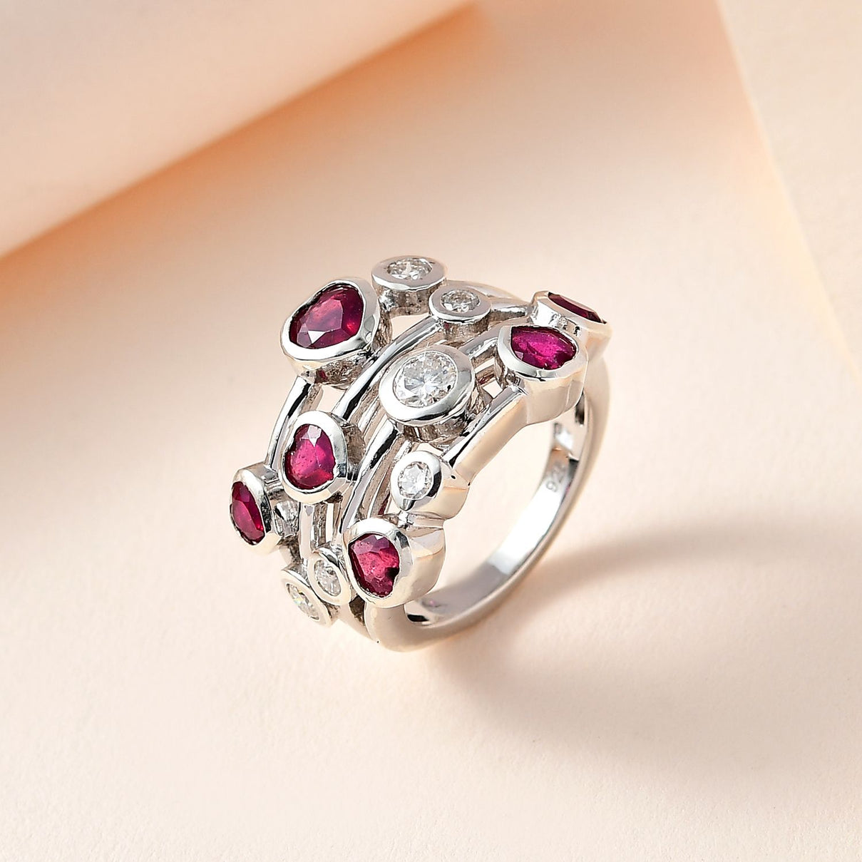 Heart Cut Ruby and Moissanite Bubble Ring in Platinum Overlay Sterling Silver V32513169 2