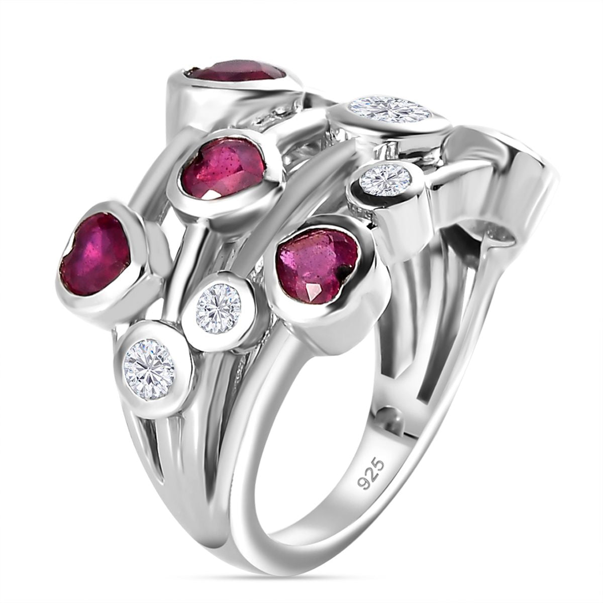 Heart Cut Ruby and Moissanite Bubble Ring in Platinum Overlay Sterling Silver V32513169 4