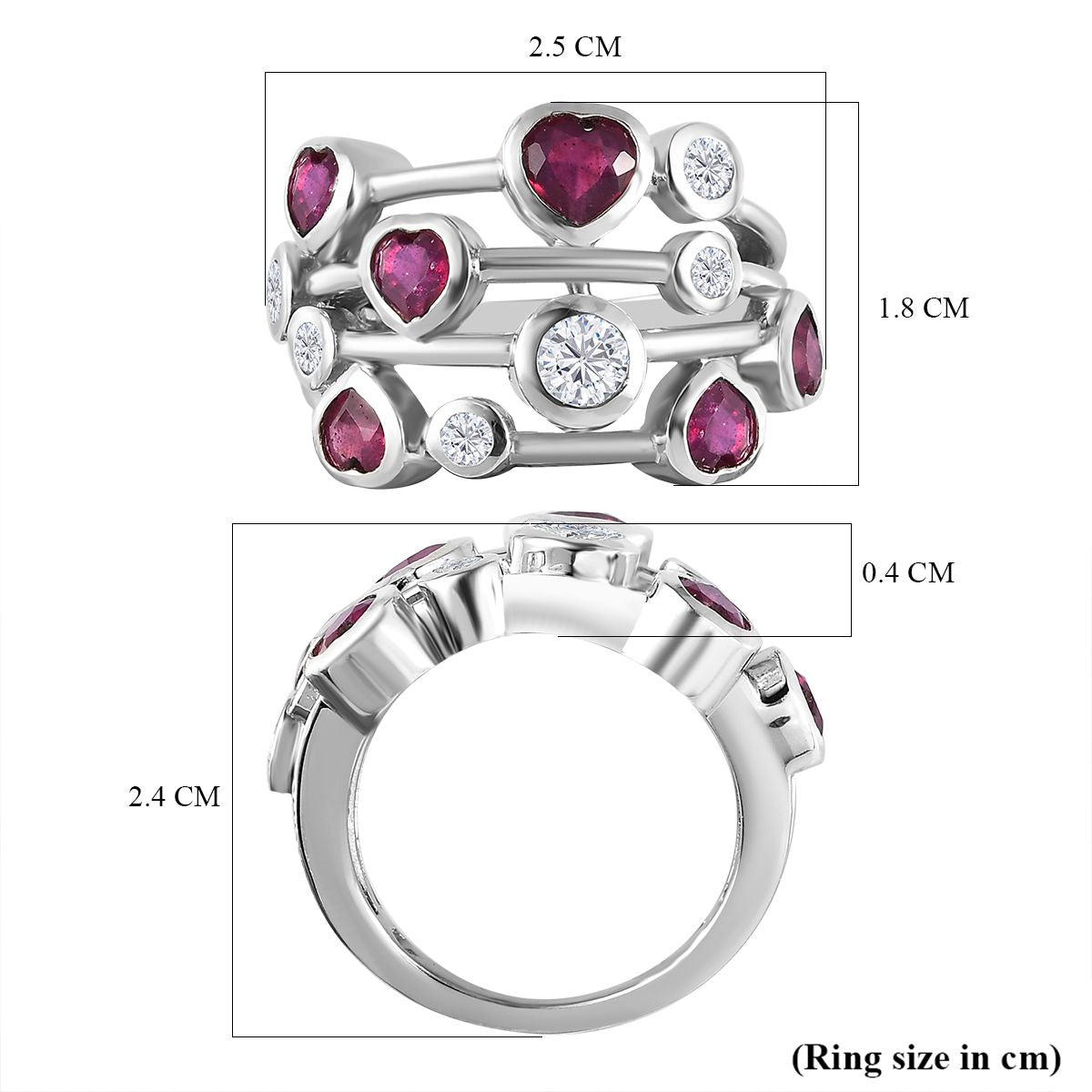 Heart Cut Ruby and Moissanite Bubble Ring in Platinum Overlay Sterling Silver V32513169 6