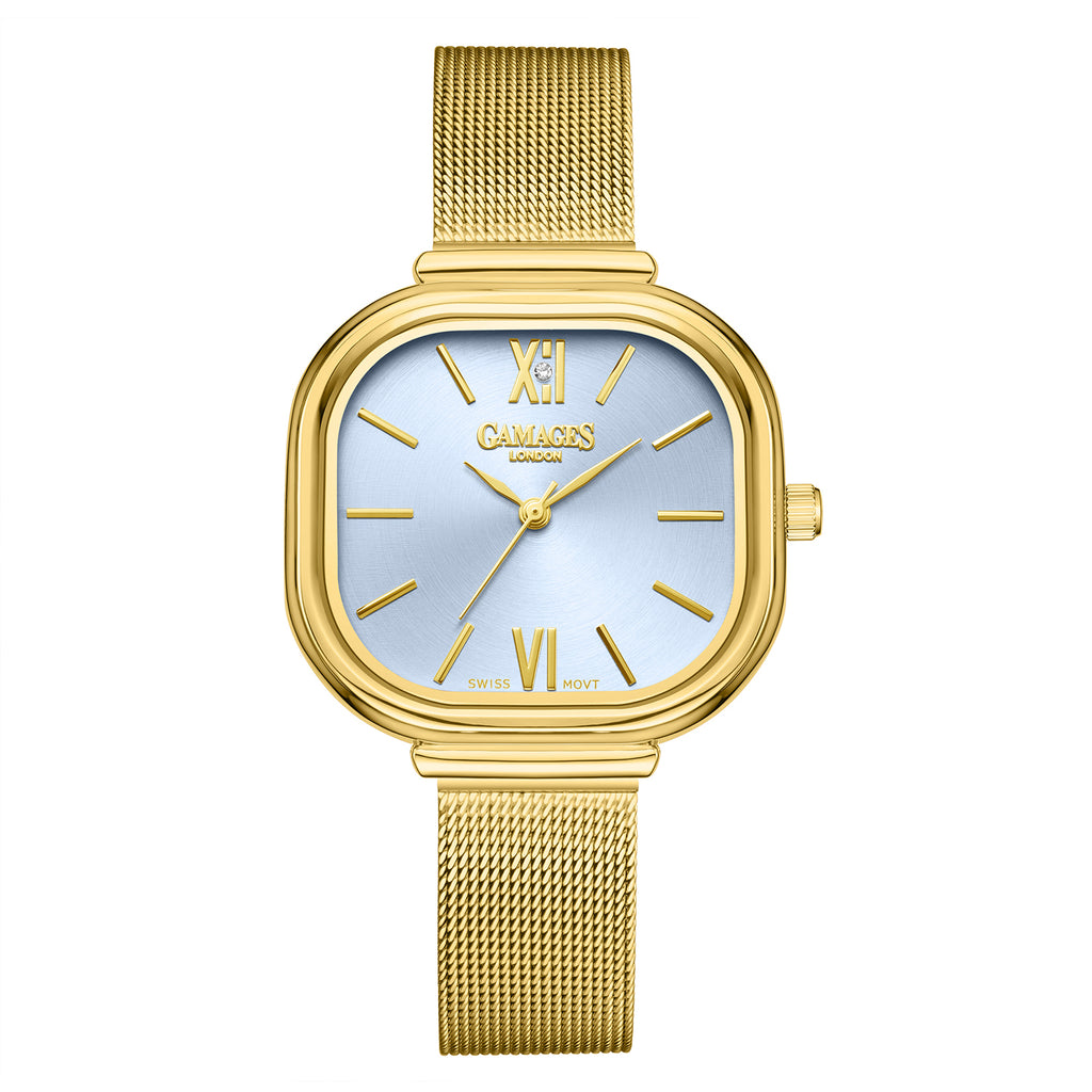 Gamages Of London TULIP Ladies Diamond Studded Swiss Movt. Aqua Blue Dial Water Resistant Watch with Gold Mesh Bracelet_7694285