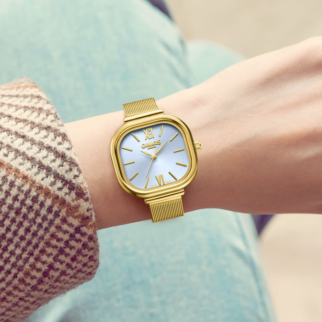 Gamages Of London TULIP Ladies Diamond Studded Swiss Movt. Aqua Blue Dial Water Resistant Watch with Gold Mesh Bracelet_7694285_2