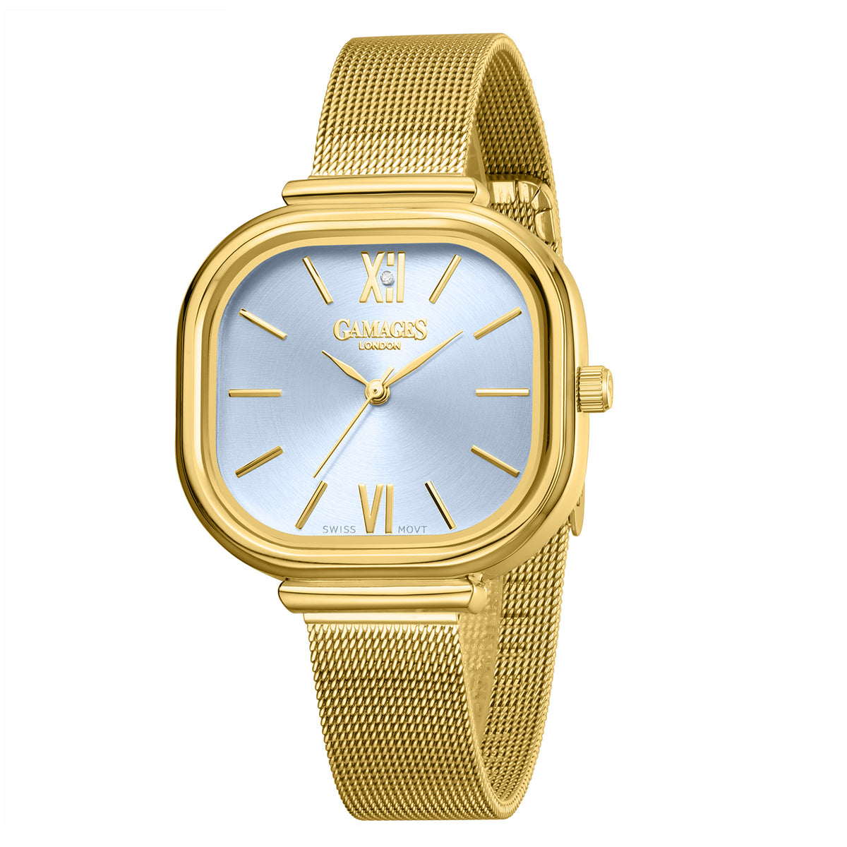 Gamages Of London TULIP Ladies Diamond Studded Swiss Movt. Aqua Blue Dial Water Resistant Watch with Gold Mesh Bracelet V32528175 3
