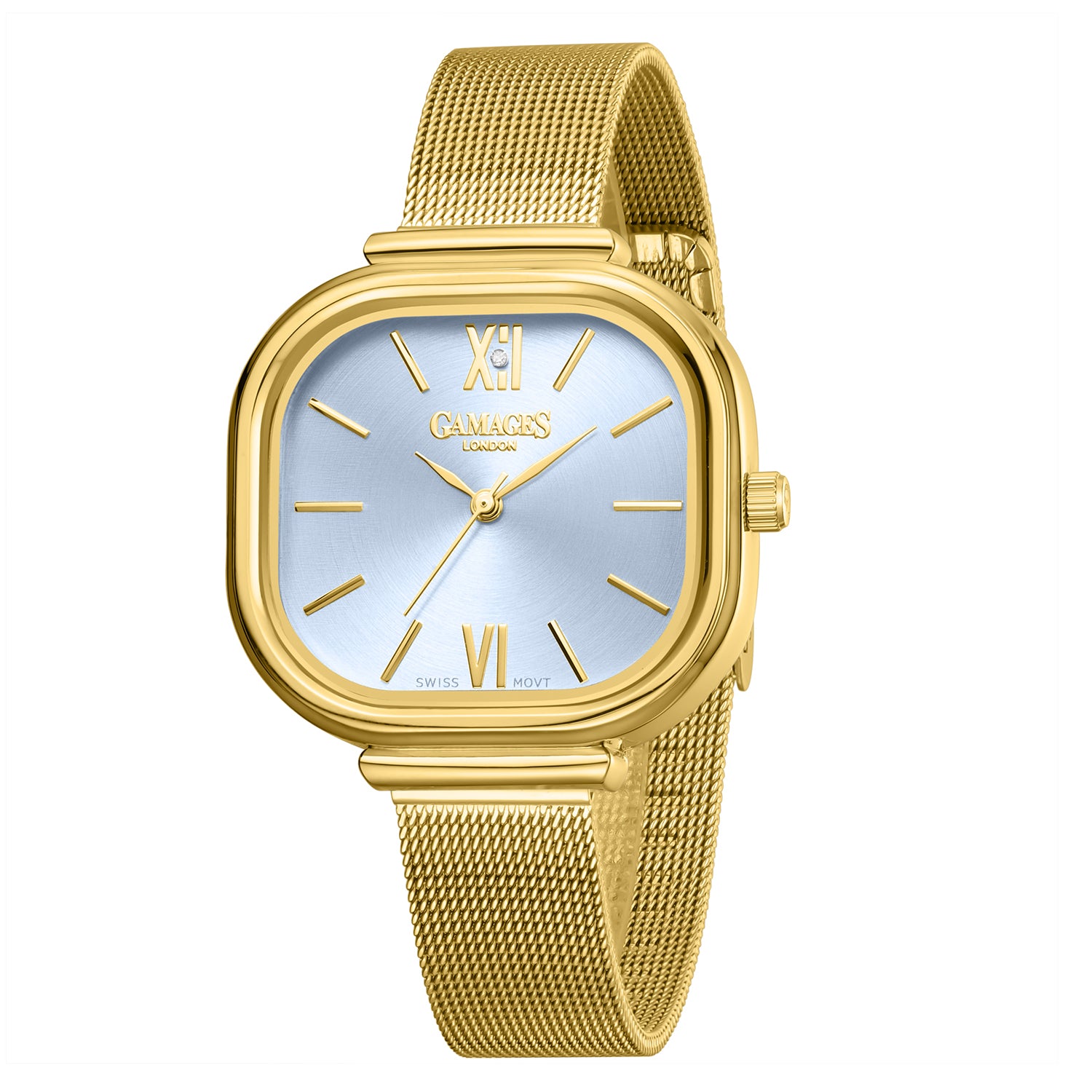 Gamages Of London TULIP Ladies Diamond Studded Swiss Movt. Aqua Blue Dial Water Resistant Watch with Gold Mesh Bracelet V32528175 3