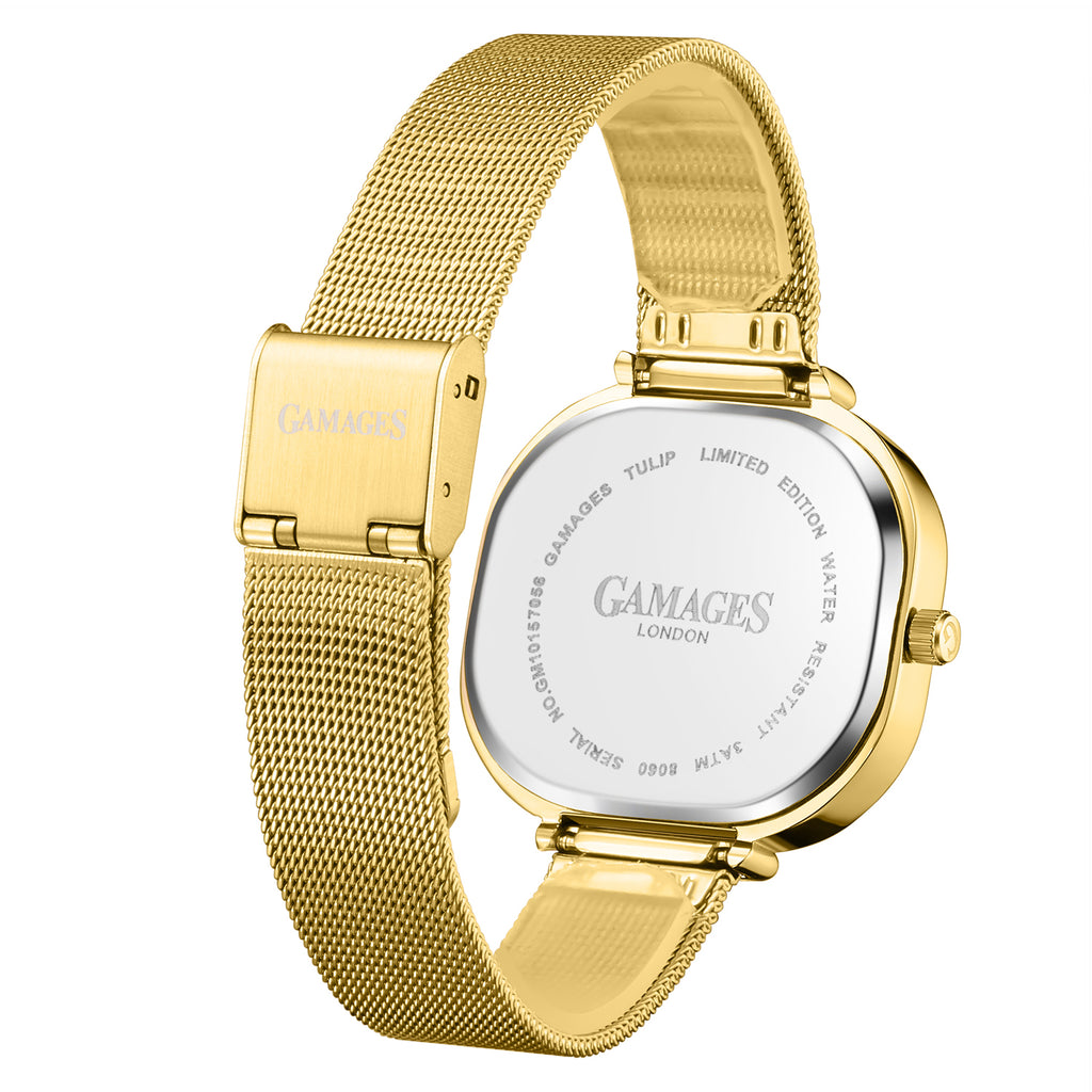 Gamages Of London TULIP Ladies Diamond Studded Swiss Movt. Aqua Blue Dial Water Resistant Watch with Gold Mesh Bracelet_7694285_4