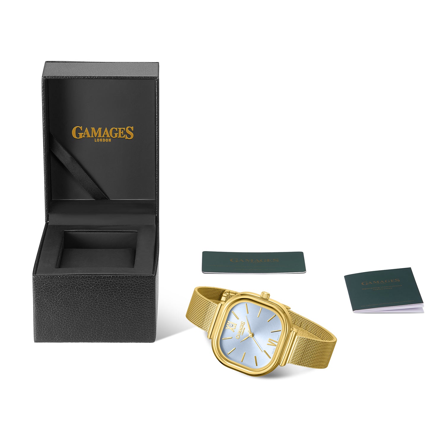 Gamages Of London TULIP Ladies Diamond Studded Swiss Movt. Aqua Blue Dial Water Resistant Watch with Gold Mesh Bracelet V32528175 5