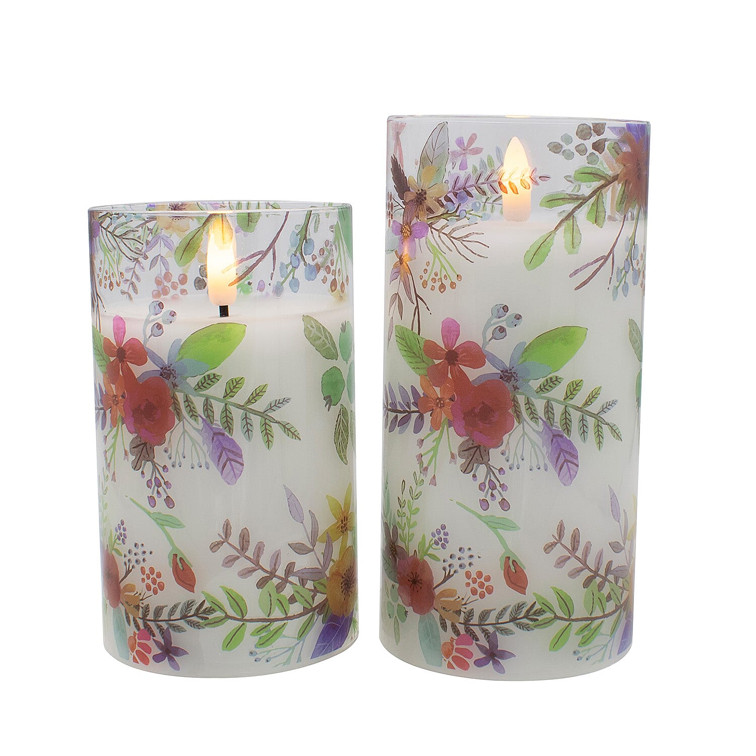 Set of 2 LED Floral Printed Glass Wax Candle - Multi 7698780 0