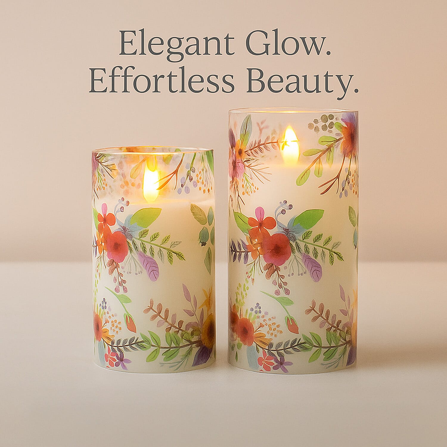 Set of 2 LED Floral Printed Glass Wax Candle - Multi 7698780 1