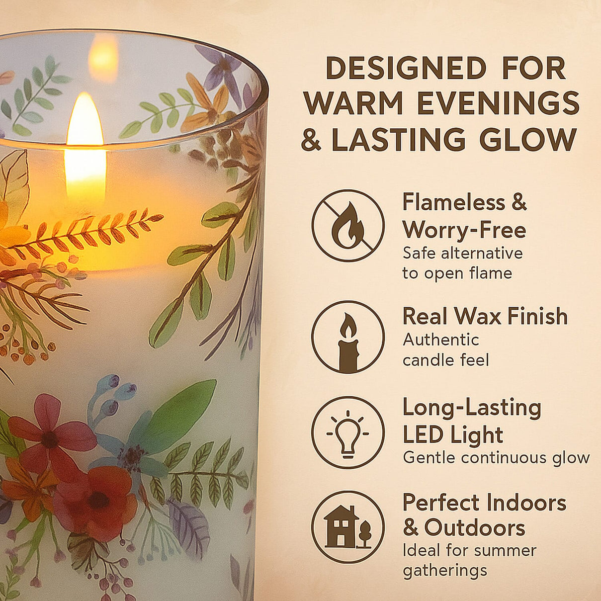 Set of 2 LED Floral Printed Glass Wax Candle - Multi 7698780 2