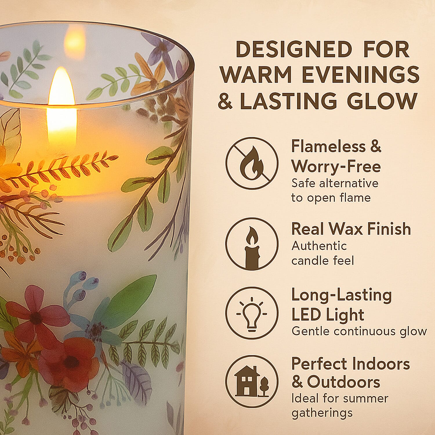 Set of 2 LED Floral Printed Glass Wax Candle - Multi 7698780 2