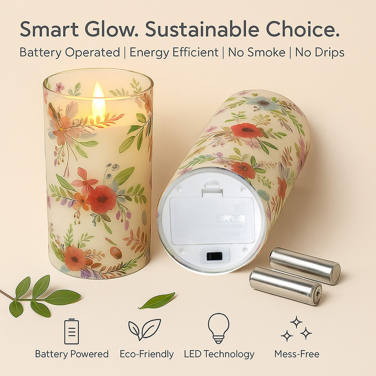 Set of 2 LED Floral Printed Glass Wax Candle - Multi 7698780 3