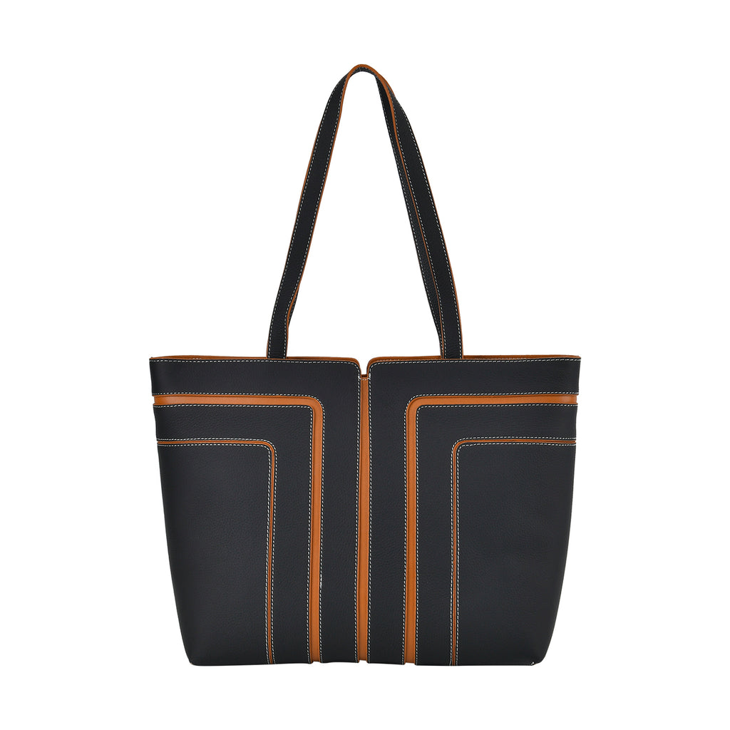 Genuine Leather Tote Bag with Handle Drop - Black & Brown_7700285