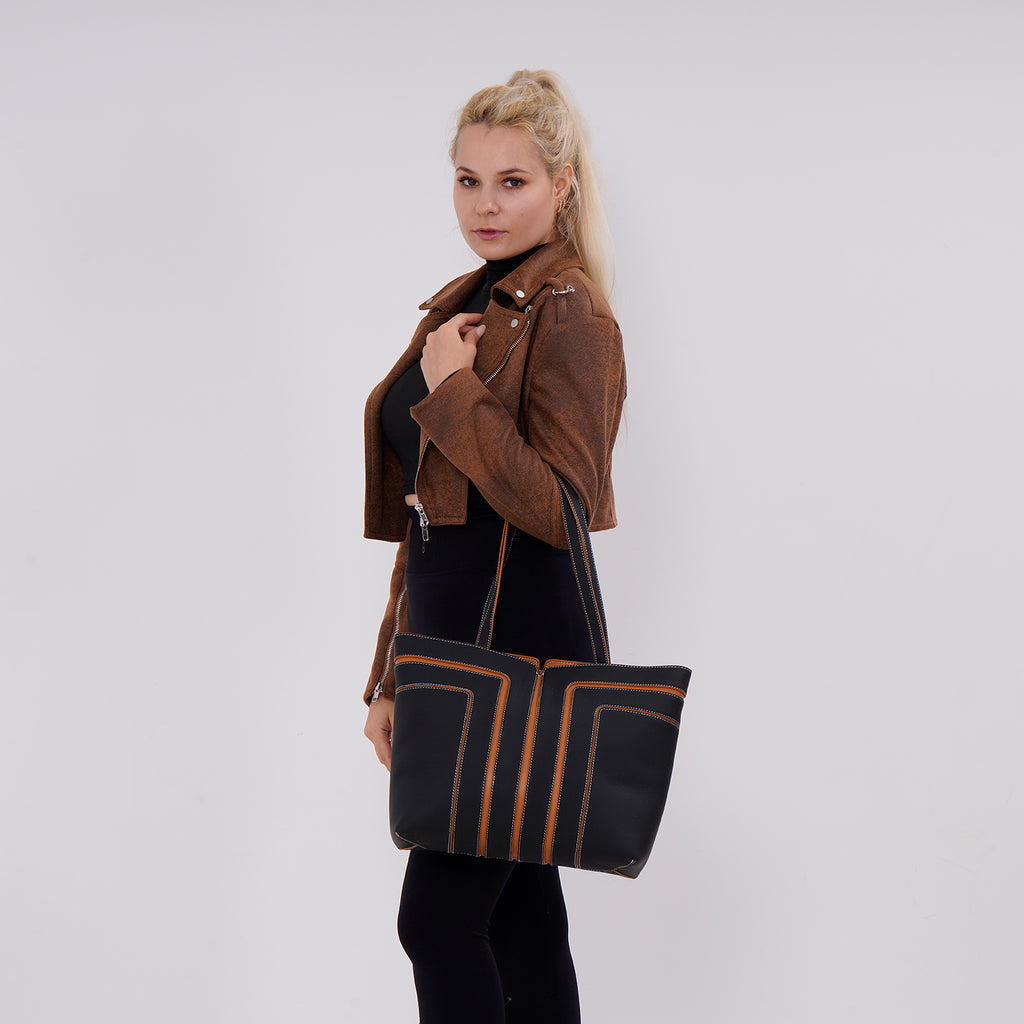 Genuine Leather Tote Bag with Handle Drop - Black & Brown_7700285_1
