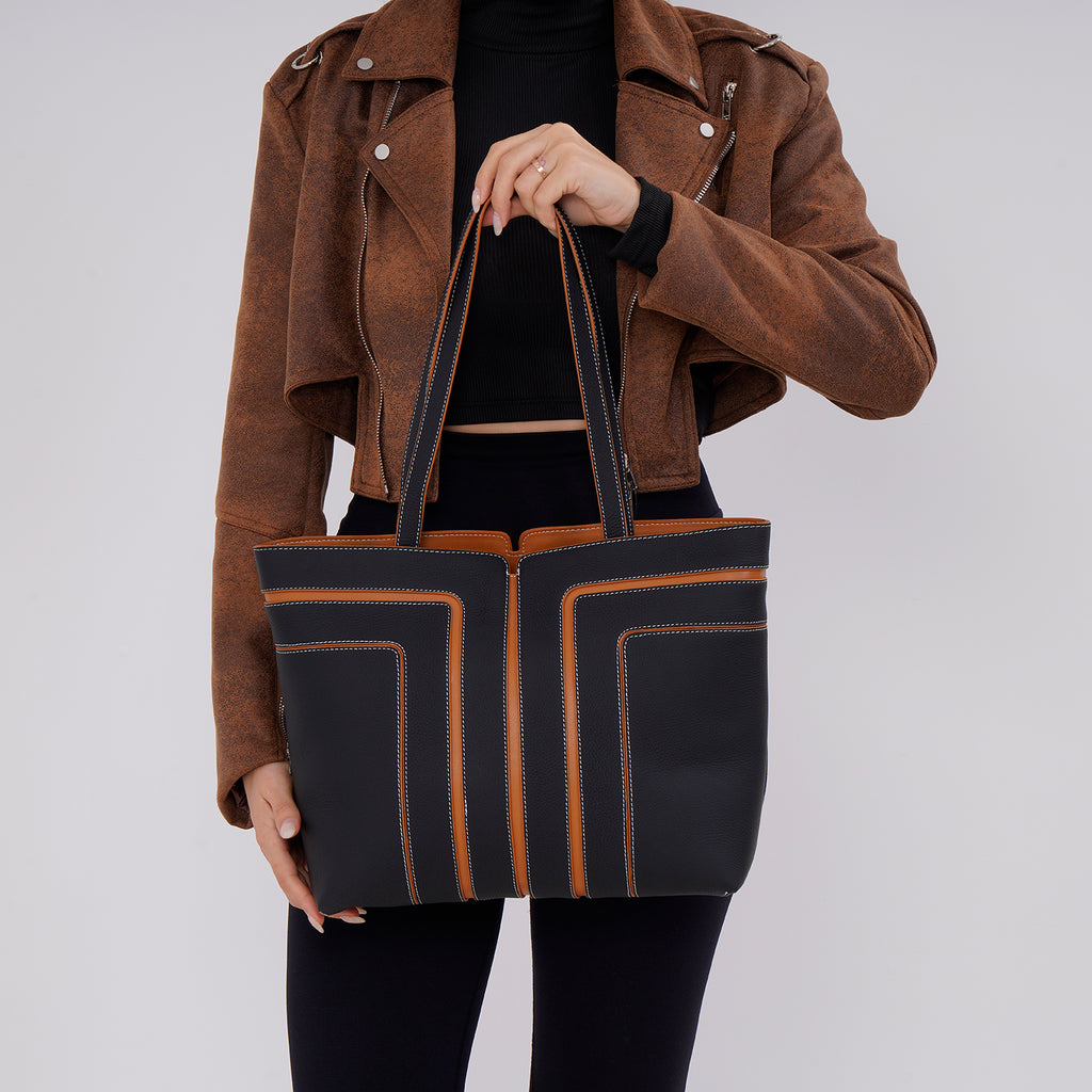 Genuine Leather Tote Bag with Handle Drop - Black & Brown_7700285_2