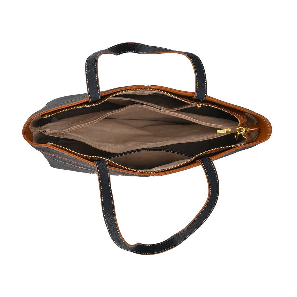 Genuine Leather Tote Bag with Handle Drop - Black & Brown_7700285_4