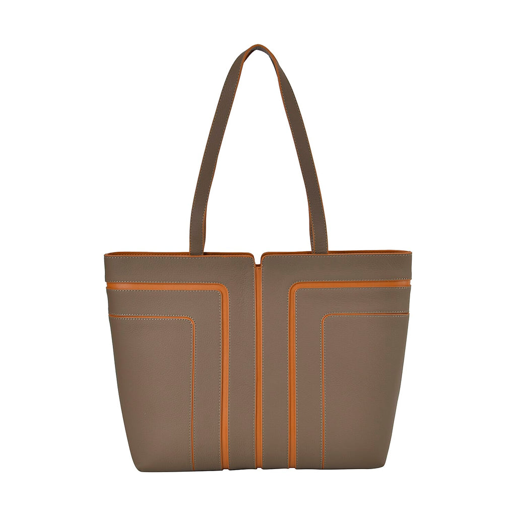 Genuine Leather Tote Bag with Handle Drop - Grey & Brown_7700287