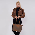 Genuine Leather Tote Bag with Handle Drop - Grey & Brown_7700287_1