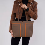 Genuine Leather Tote Bag with Handle Drop - Grey & Brown_7700287_2