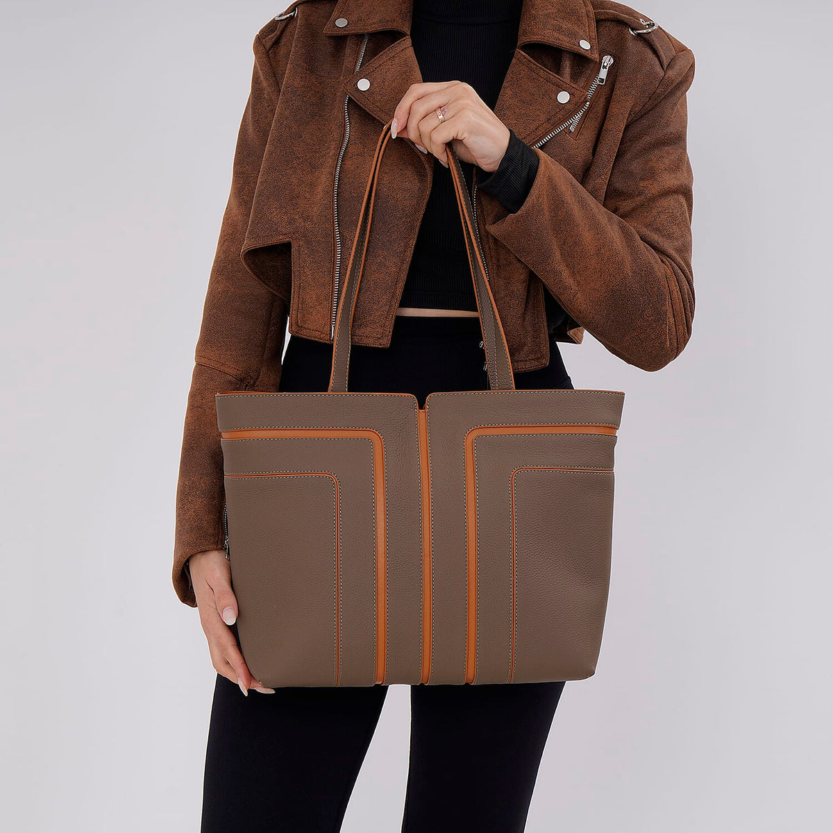 Genuine Leather Tote Bag with Handle Drop V32605028 3