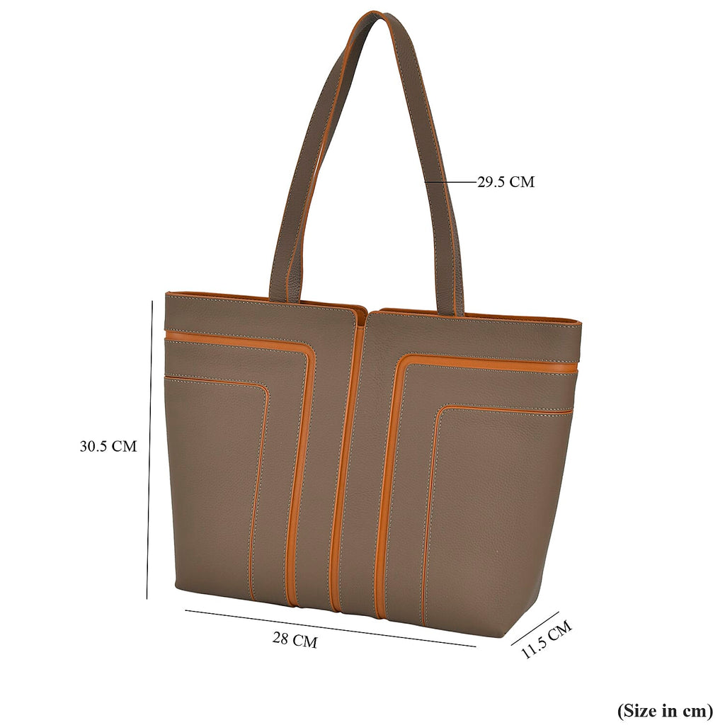 Genuine Leather Tote Bag with Handle Drop - Grey & Brown_7700287_6