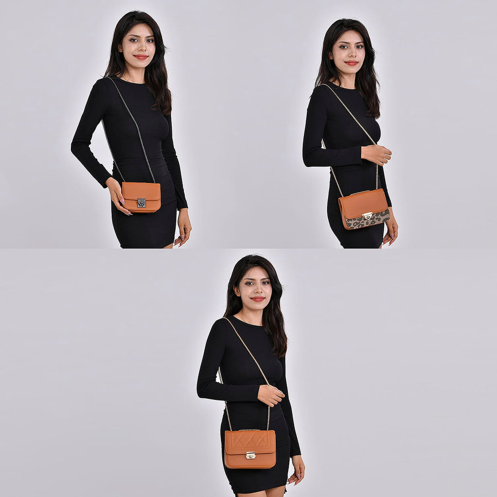 Set of 3 Leatherette Handbag with Long Chain Strap - Brown