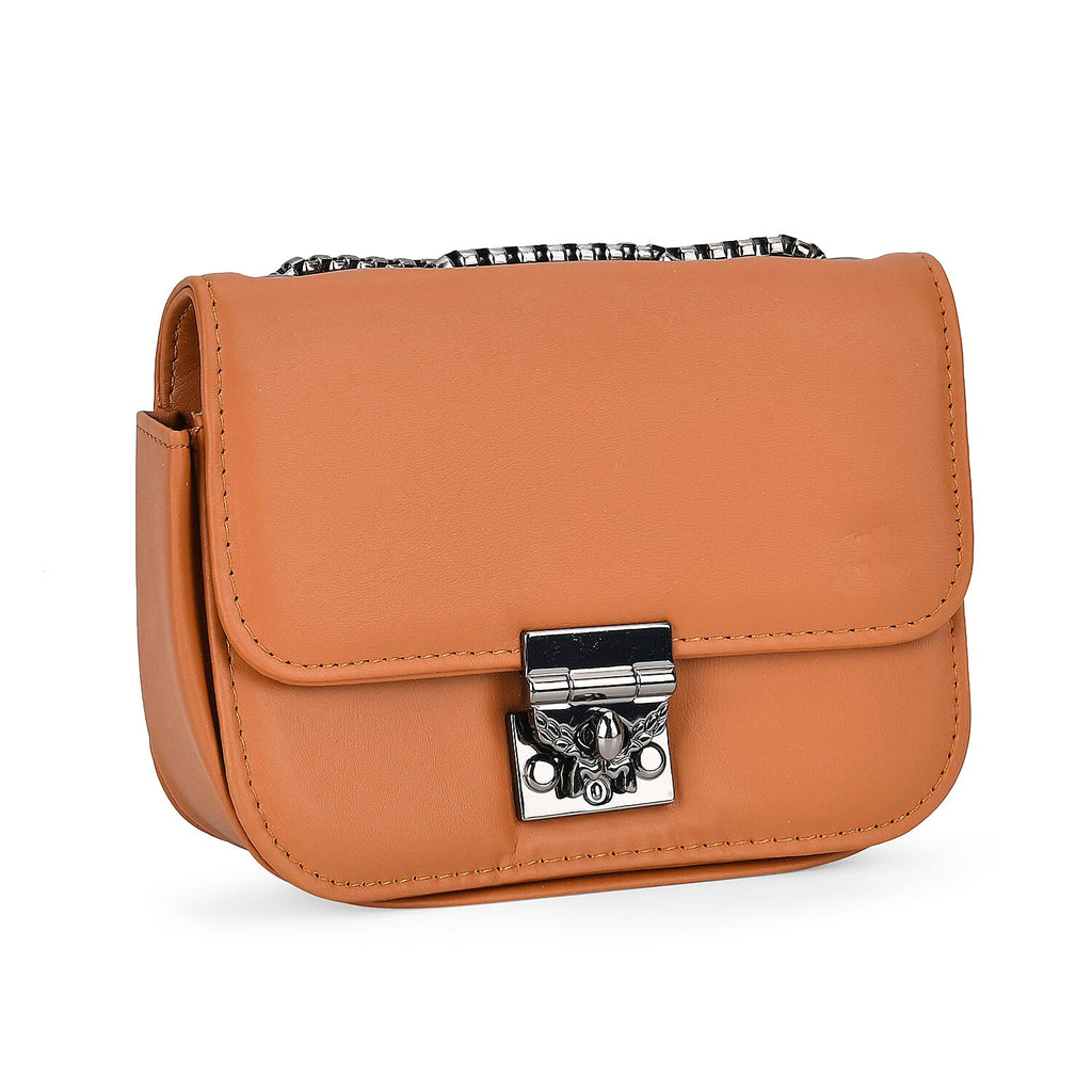 Set of 3 Leatherette Handbag with Long Chain Strap - Brown